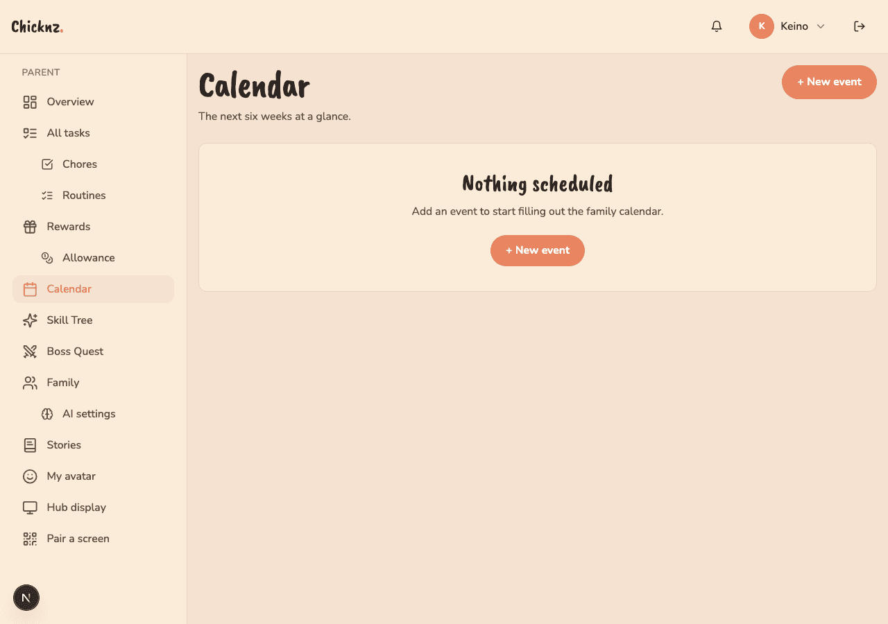Chicknz calendar page with empty state and New event button