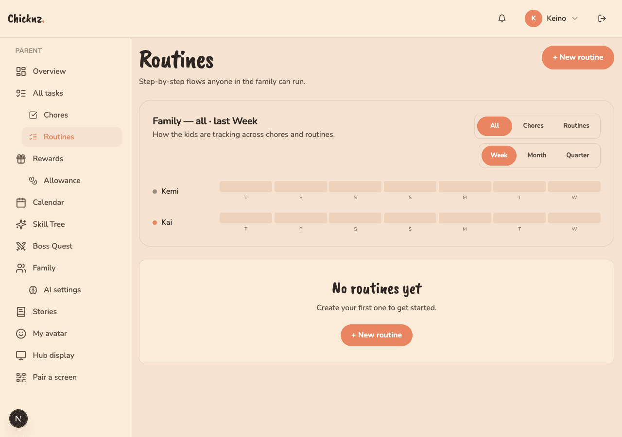 Chicknz routines page with per-kid weekly tracker for Kemi and Kai