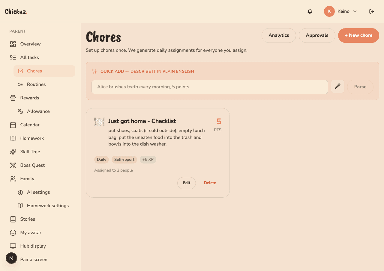 Chicknz chores page with a plain-English quick-add input and a real chore card