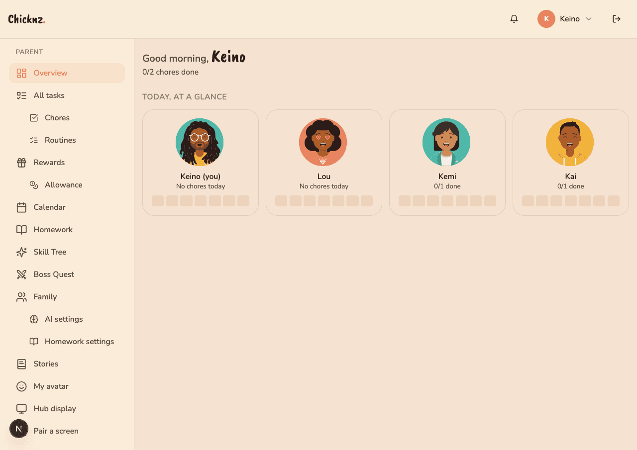 Chicknz parent overview showing four family members with their daily progress