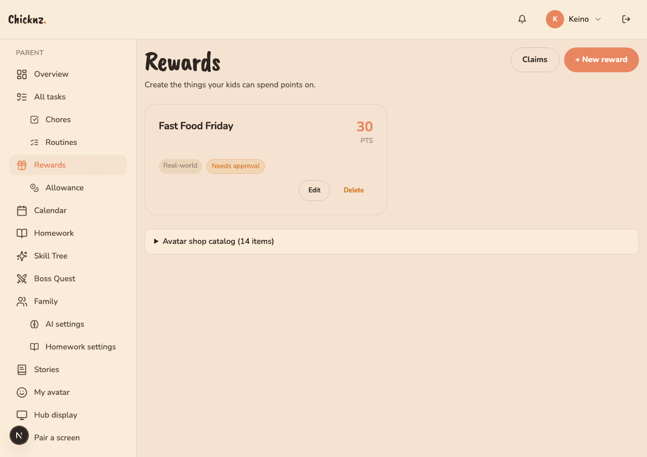 Chicknz rewards page with Fast Food Friday for 30 points and an avatar shop