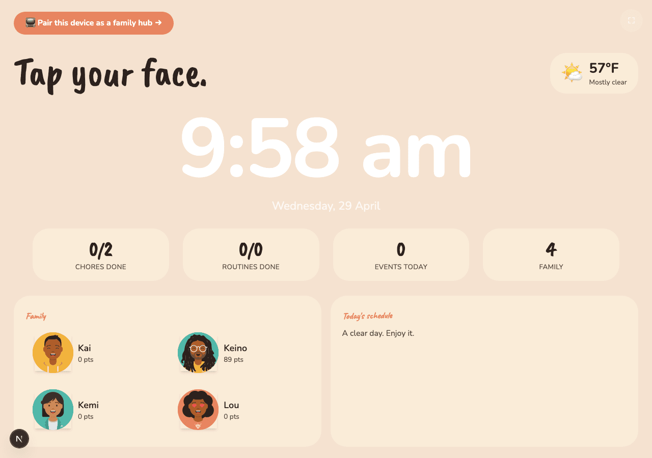 Chicknz hub display on a wall-mounted tablet showing time, family avatars, and today's schedule