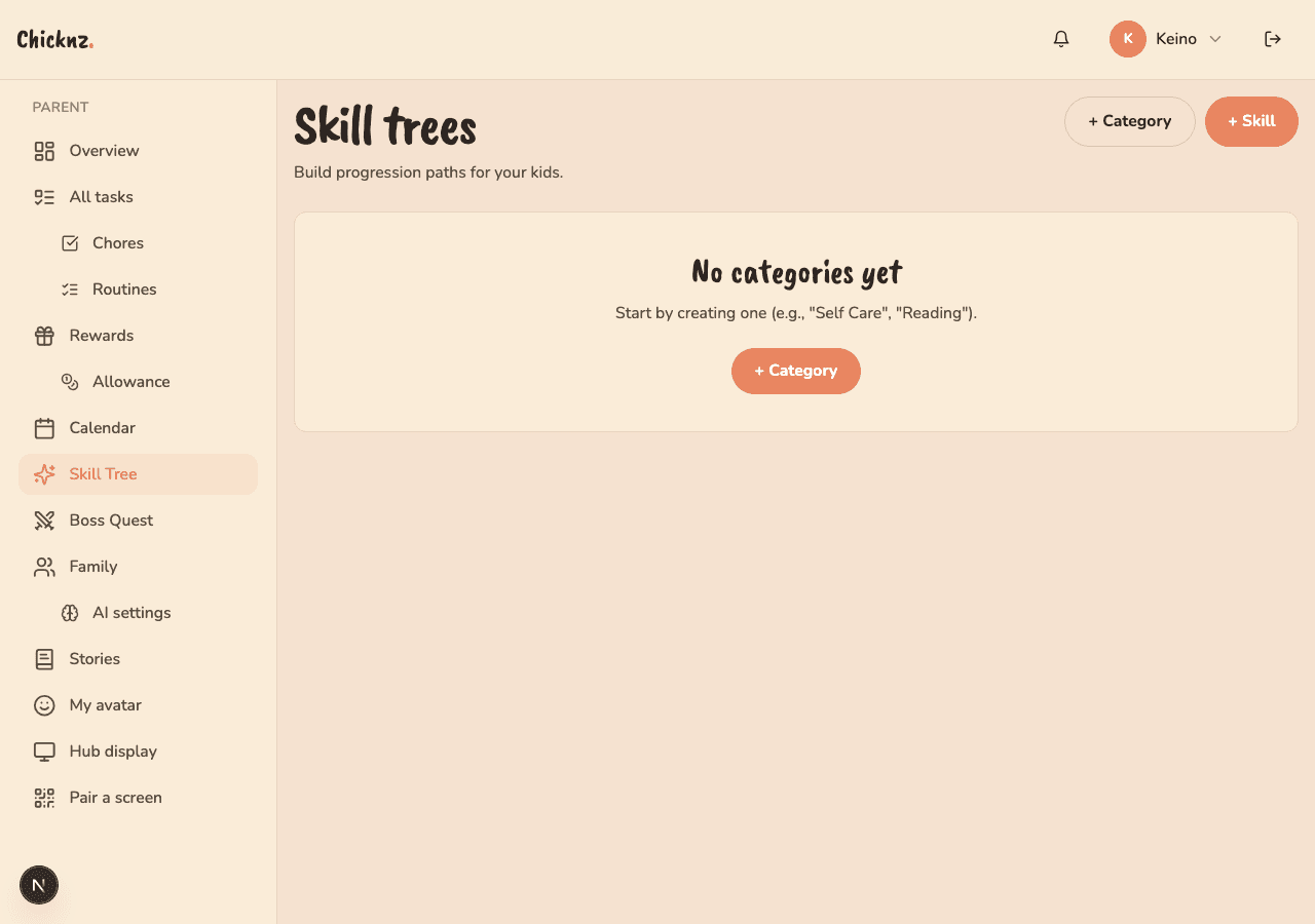 Chicknz skill trees page with category builder